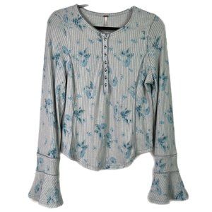 Free People Layer Me Henley Top XL Grey Floral Long Bell Sleeve Ribbed Boho